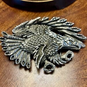 Vintage 1993 USA Made EJC Eagle Head Belt Buckle Silver Western Americana